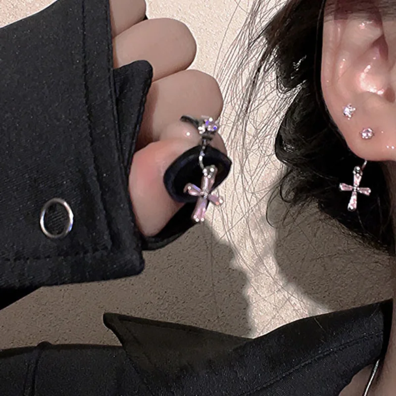 

Sweet Cool Y2K Flash Diamond Cross Tassel Earrings Female 2023 New Fashion Light Luxury High Grade Zircon Earrings