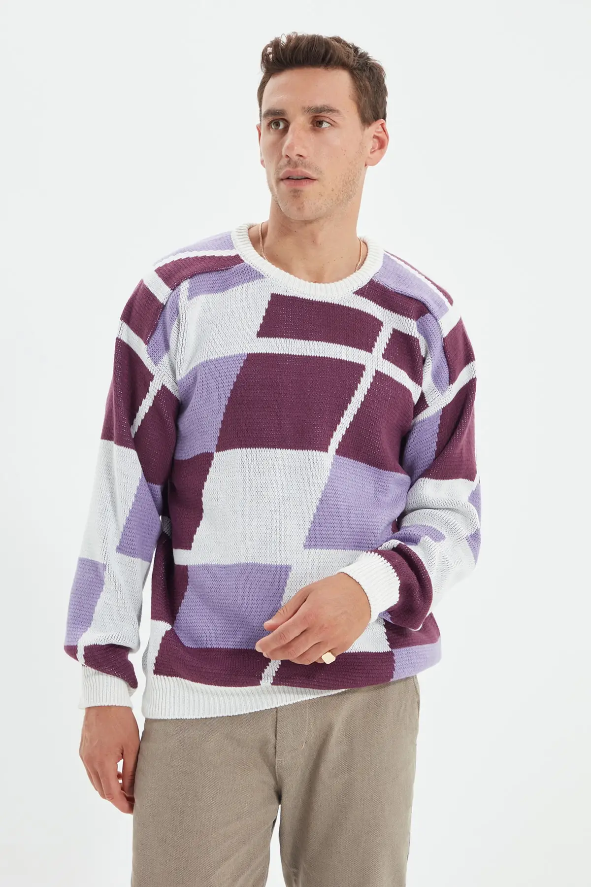 

Trendyol Cutout Men 'S Comfortable Bike Collar Colorful Paneled Sweater TMNAW22KZ0131