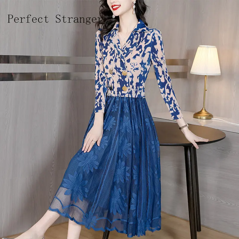 

Elegant 2022 Vestidos Chic Long Sleeve Floral Print Lace Party Hollow Elasticity Midi Female Robe Women's Autunm Lady Dresse