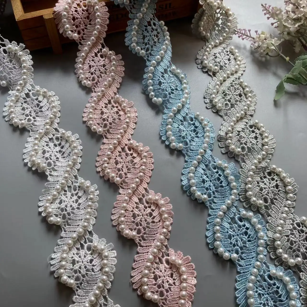 

10x 3D Pearl Beaded Flower 55mm Polyester Silk Lace Trim Wedding Ribbon Floral Dress Curtain Home Textile Accessories Diy Sewing