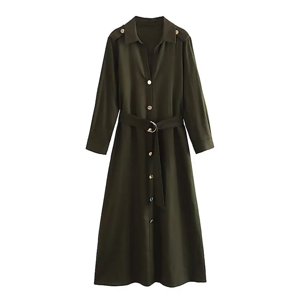 

Women 2023 New Fashion summer Belt Linen Blend Windcoat Midi Dress Vintage Single-breasted Casual Chic Female Dresses Vestidos