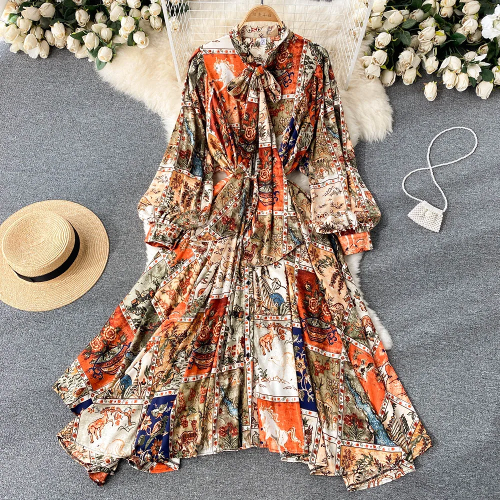 

Spring 2022 New Retro Buttoned Bow Lantern Sleeve STAND Printing A-LINE Casual Mid-Calf Woman Dress