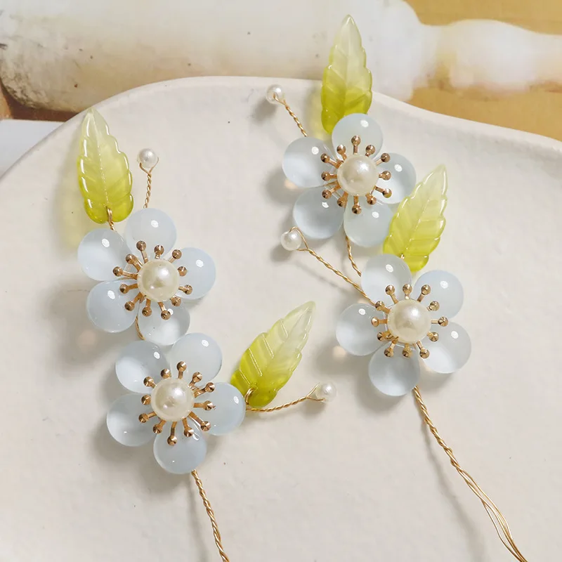 Головной убор Hanfu с зелеными листьями и жемчугом украшение сделай сам ручной