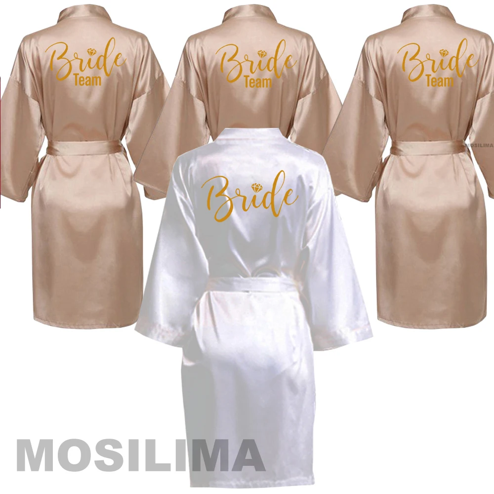 

Wedding Party Team Bride Robe Kimono Satin Pajamas Bridesmaid Rose Gold Pink Bathrobe SP209