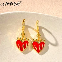 creative punk rock flame love ladies drop earrings golden alloy flame red heart earring for women korean fashion jewelry gifts