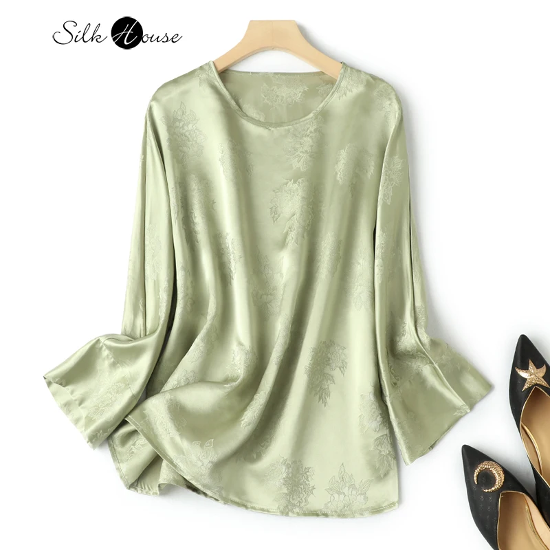 

Silk Jacquard Top Women's Round Neck Temperament Versatile Nine Point Long Sleeve Small Shirt Mulberry Silk T-shirt Loose