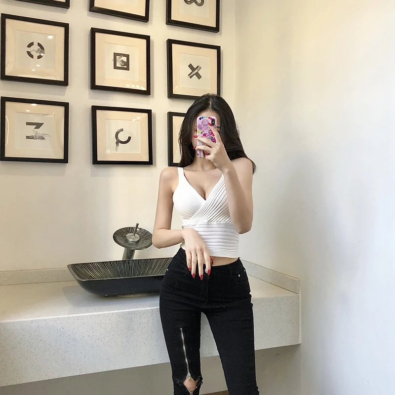 JANZHISAN женские топы в рубчик летние сексуальные вязаные без рукавов с V-образным