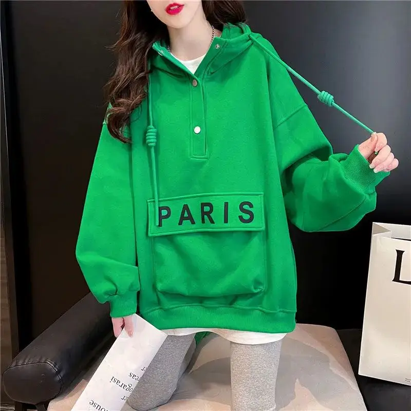 

Monogrammed loose hoodie female Japan Spring 2022 new design sense oversized high collar green hoodie y2k clothes