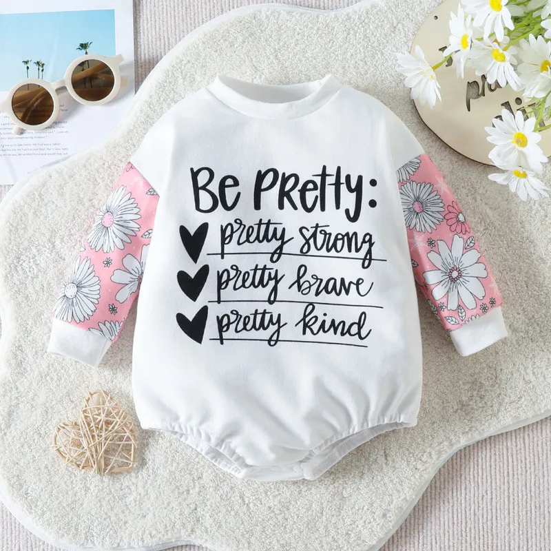

New Born Baby Girl Clothes Fall Winter Bodysuits Long Sleeve Round Neck Floral Letter Jumpsuits Baby Items 0 to 24 Months