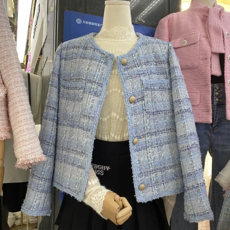 

2023 Autumn Winter Vintage Plaid Tweed Jacket Coat Small Fragrance Crop Top Women's Elegant Chic Long Sleeve Woolen Outerwear