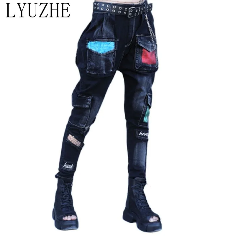 

LYUZHE Women's 2022 Spring Fashion Small Feet Jeans Street Style Contrast Color Multi-pocket Embellished Harem Pants TT181L