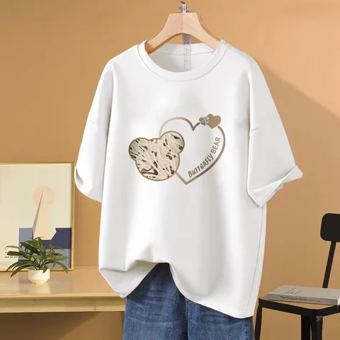 Женская футболка с принтом EBAIHUI, летняя футболка с коротким рукавом и круглым вырезом из 100 хлопка, модель Kawaii Couple