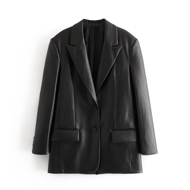

Jacket Winter Autumn Ladies Korean Blazer 2021 New ZA Elegant Black PU Blazer Women Casual Long Sleeve Single Button Office Suit