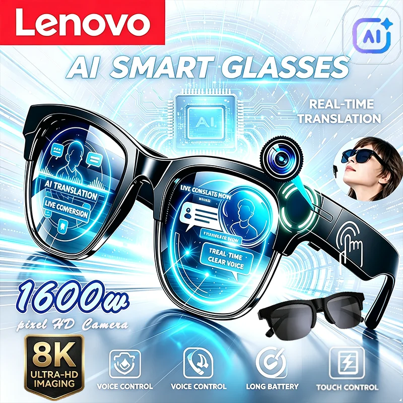 Фото Умные очки Lenovo AI с камерой, дистанционным управлением, голосовым помощником, функцией записи, переводчиком, беспроводным Bluetooth, интеллектуальные очки №1