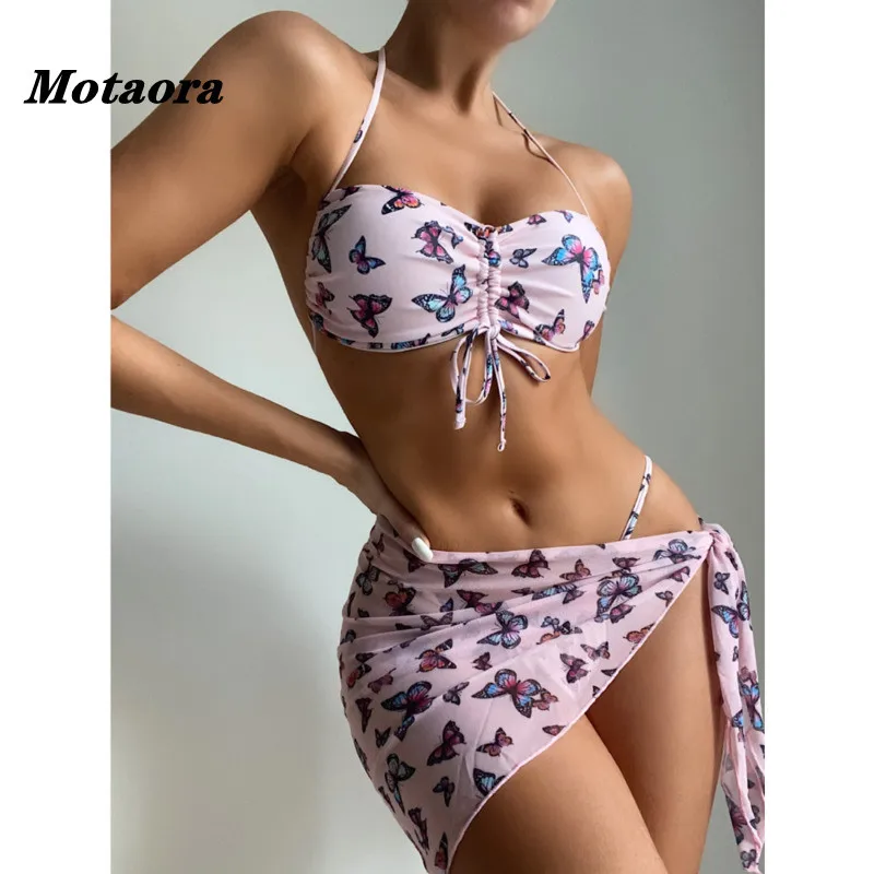 

Drawstring Swimwear Female High Cut Bathing Suit Backless Beachwear Butterfly Print Mesh Skirt Swimsuit Women Sexy Split Bikini