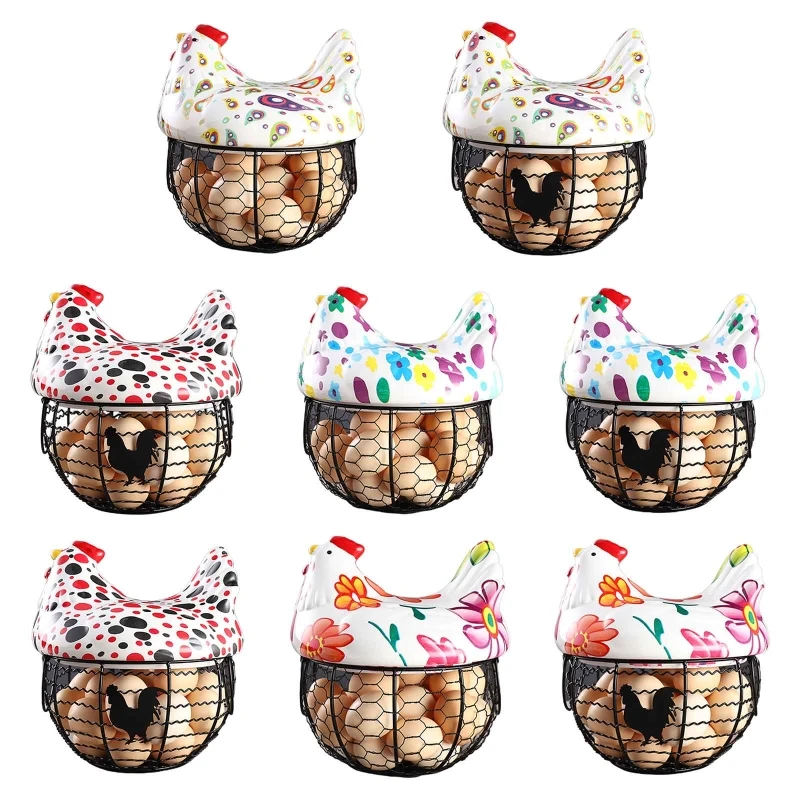 

Железная керамическая корзина для хранения кур с ручкой и крышкой, органайзер, контейнер для домашней кухни, яиц, картофеля, многофункциона...