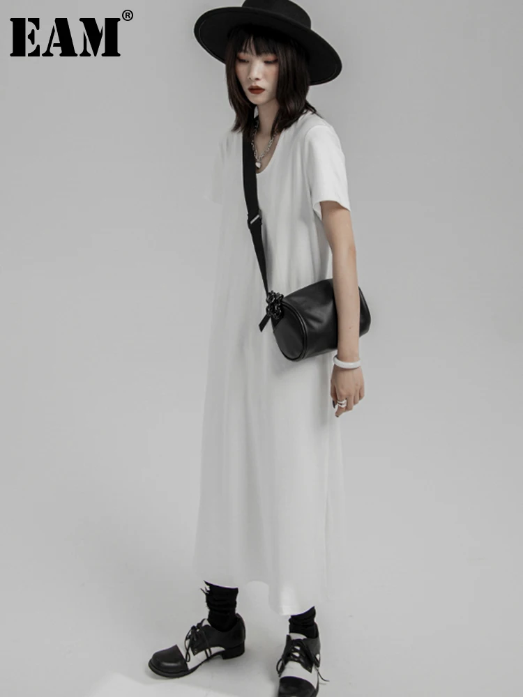 

[EAM] Women White Black Brief Casual Long Dress New Round Neck Short Sleeve Loose Fit Fashion Tide Spring Summer 2022 1DE8065