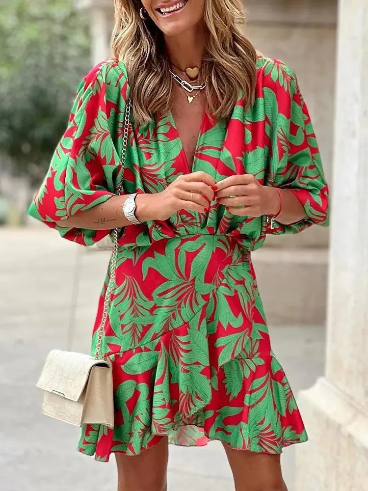 

Women Sexy V Neck Mini Dresses Summer Boho Casual Floral Print Batwing Sleeve Dresses Female Ruffle Beach Party Dress Vestidos