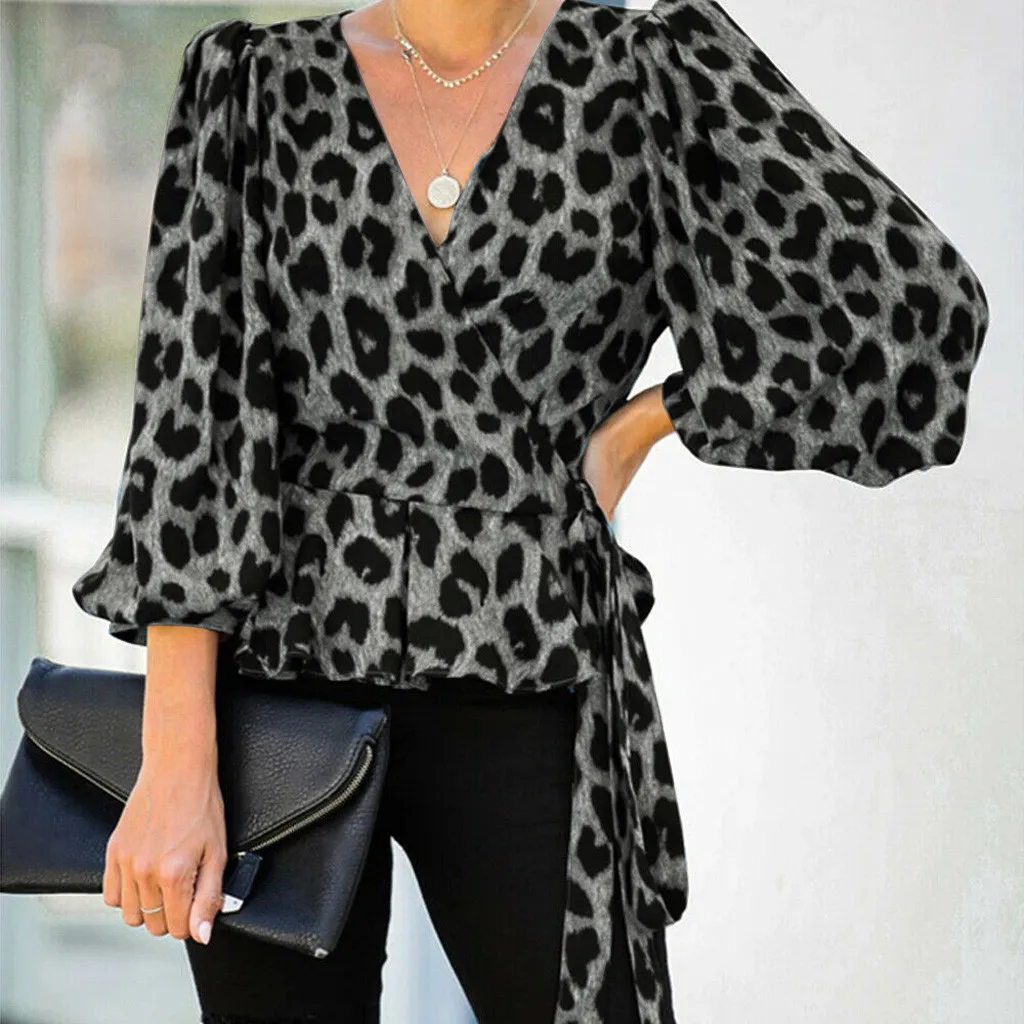 

Womens Leopard Print Ladies V-Neck 3/4 Sleeve Shirt Office Pullover Tops Blouse