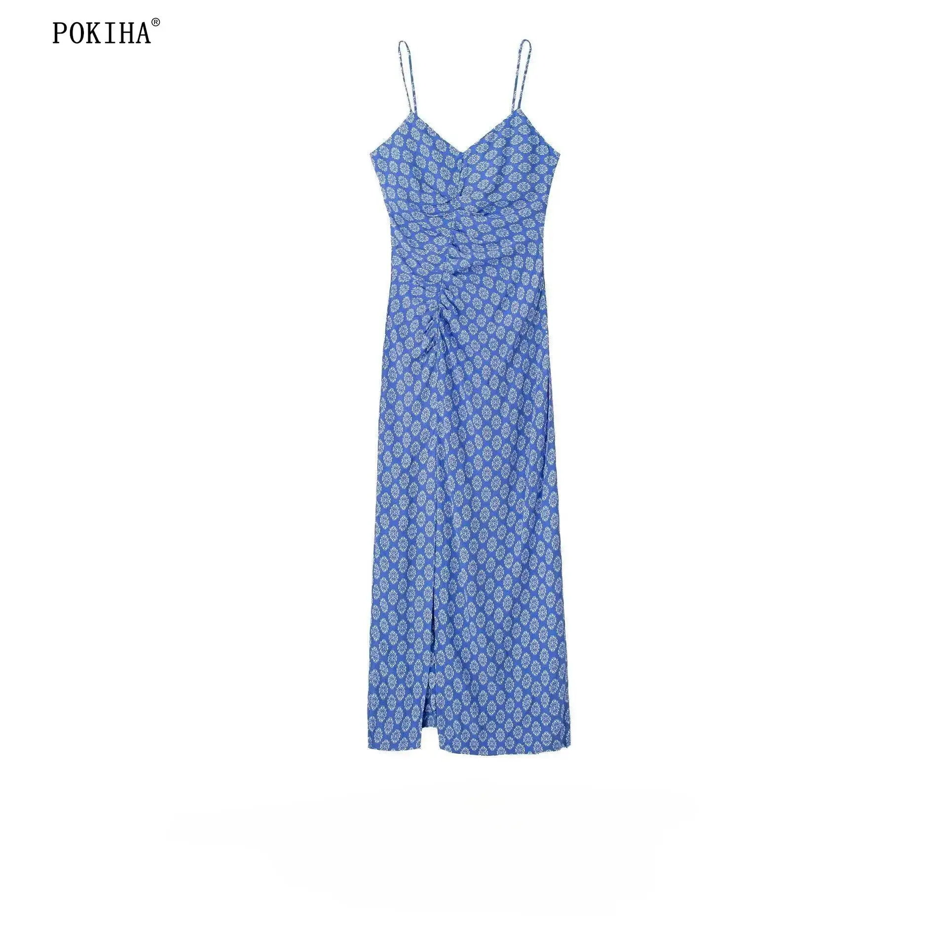 

Модные женские плиссированные платья-миди Pokiha с V-образным вырезом на бретельках с цветочным принтом и разрезом, облегающие праздничные летние женские шикарные платья