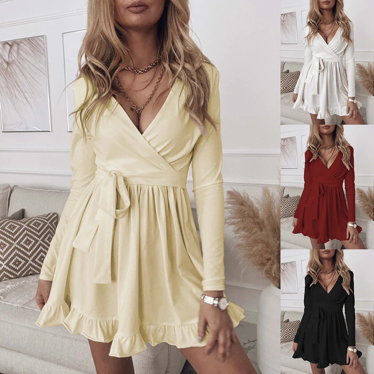 

Full Sleeve Drawstring Women Dress Black V-Neck Fold Ruched Slim Dress Spring Casual Fashion Streetwear 2022 oodji