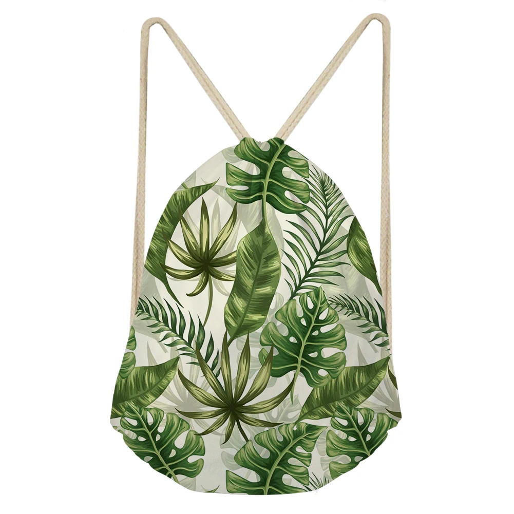 Multicolored Green Leaves Print Drawstring Bag High Quality Women Double Shoulder Daypack Lightweight Beach Rucksack Teenager