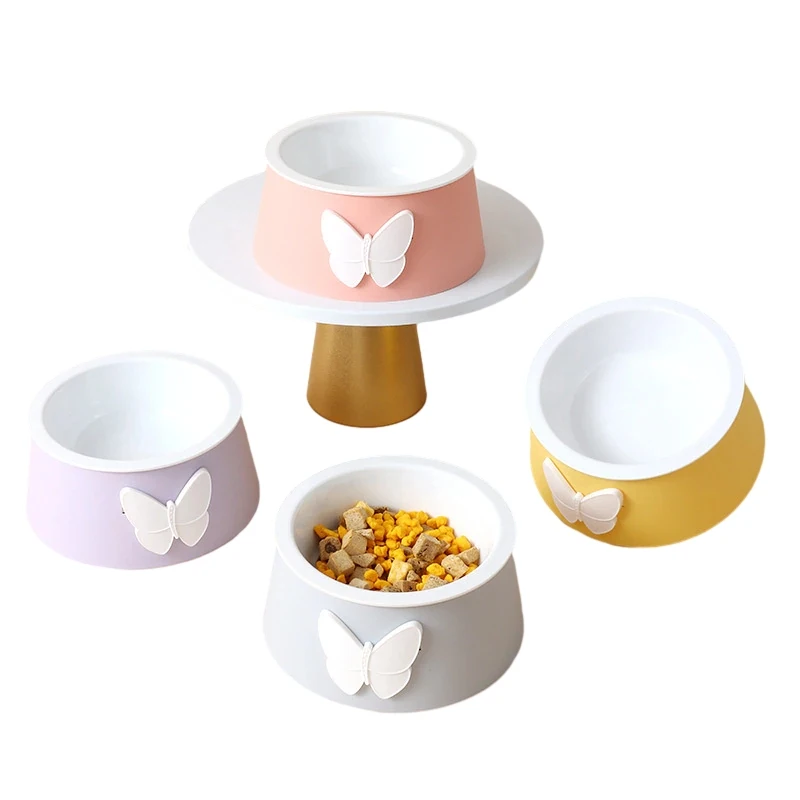 

Pet Bowl White Porcelain PP Material Butterfly Cartoon Pattern Bowl Neck Guard Single Water Feeding Bowl Pet Products