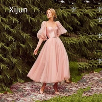 xijun pink a line evening dresses sweetheart puffy sleeves backless pleated party dress tea length vestidos de noche customize
