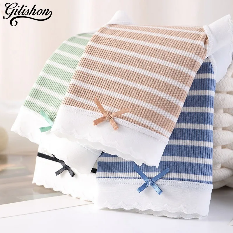 

XL-3XL Fashion Women's Panties Med Waist Stripe Briefs Plus Size Comfort Underpants Seamless Panty Breathable Female Underwear