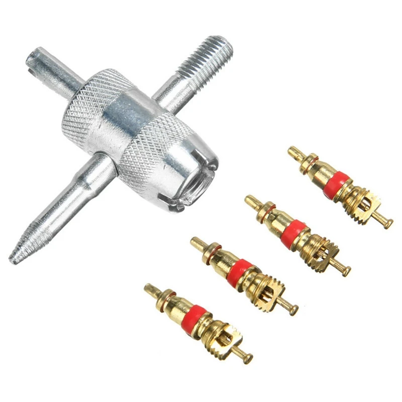 

4 Way Car Bike Tyre Tire Valve Repair Remover Tool+4 Valve Stem Cores Kit Motorcycle Tire Repair Tool Valve Core Car Accessories