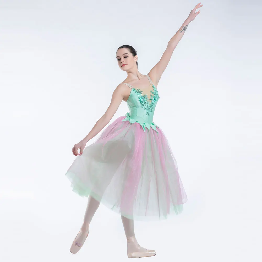 

19215 New Green Spandex Bodice Rose Red and Green Tulle Romantic Ballet Stage Dance Long Dress Performance Dancewear