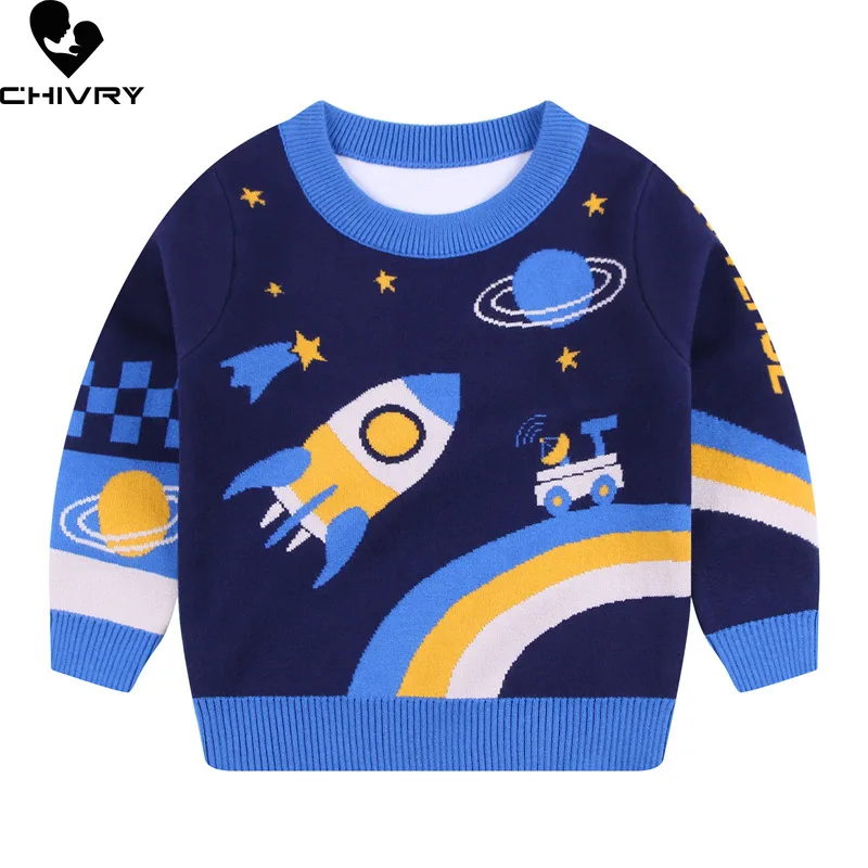 

Новинка 2022, детский пуловер, свитер, осенне-зимний жаккардовый вязаный джемпер для мальчиков с мультяшным рисунком ракеты и О-образным вырезом, свитеры, топы, одежда