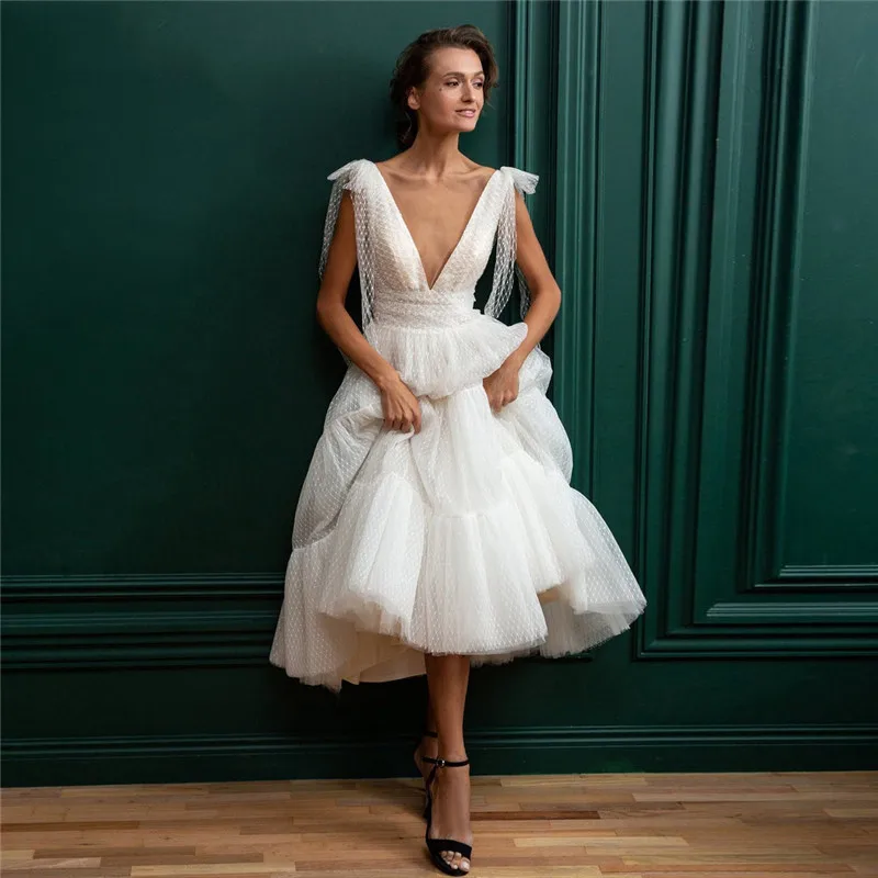 

Short Small Dress Sexy Deep V White Wedding Dress Plaid Short Wedding Dress