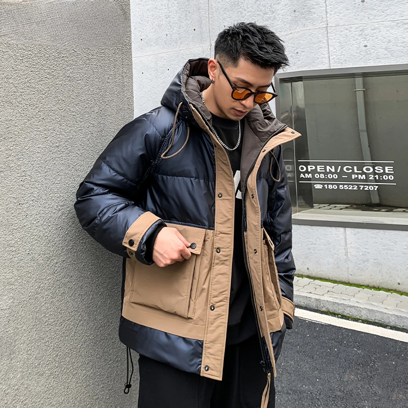 

2023 Men Winter Fashion Glossy White Duck Down Coats Male Stitching Down Jackets Men's Short Thick Warm Hooded Overcoats S80