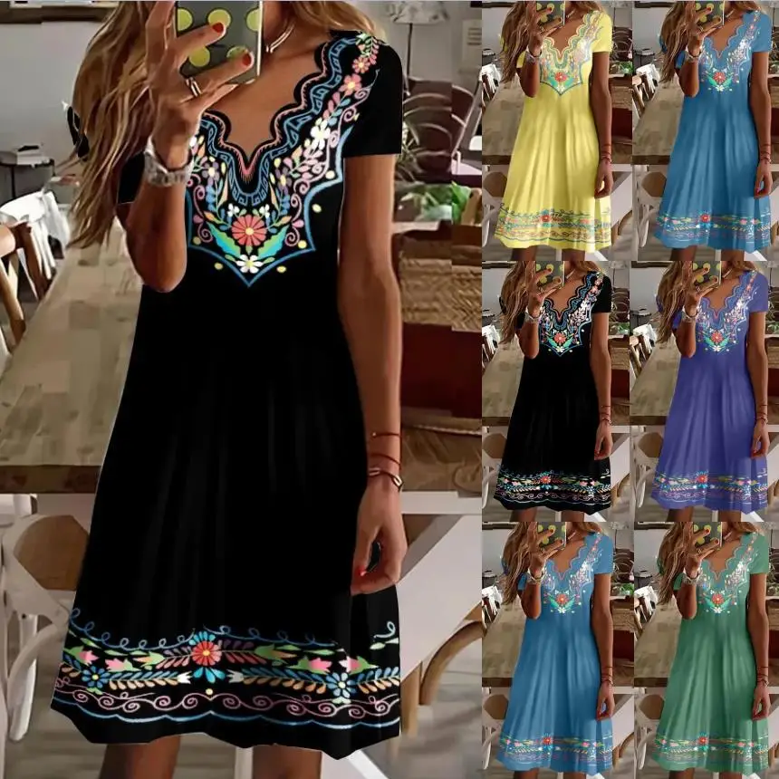 

Women New Loose Vintage Ruffles Casual Befree 5XL Dress Large Big Summer Printed Party Beach Dresses