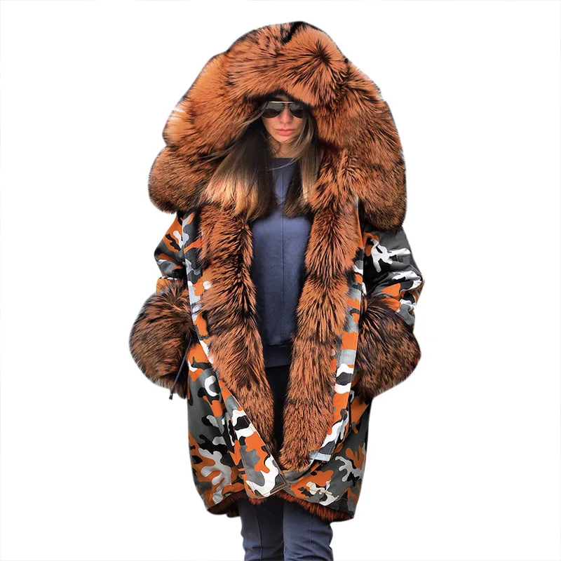 WYWMY Print Winter Jacket for Women Fur Coat Long Parka Warm Winter Coat Oversize Woman Coats Puffer Jacket Casual Loose Outwear
