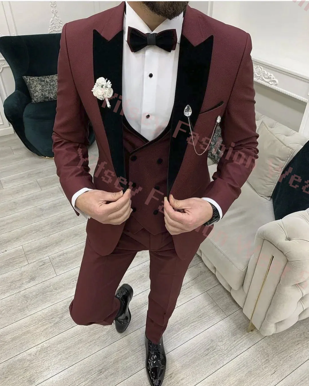 

Burgundy Man's Suit Elegant Set Luxury Clothing Designer Boyfriend Slim Fit Male Blazer Wedding Ceremony 3Pcs Jacket Pants Vest