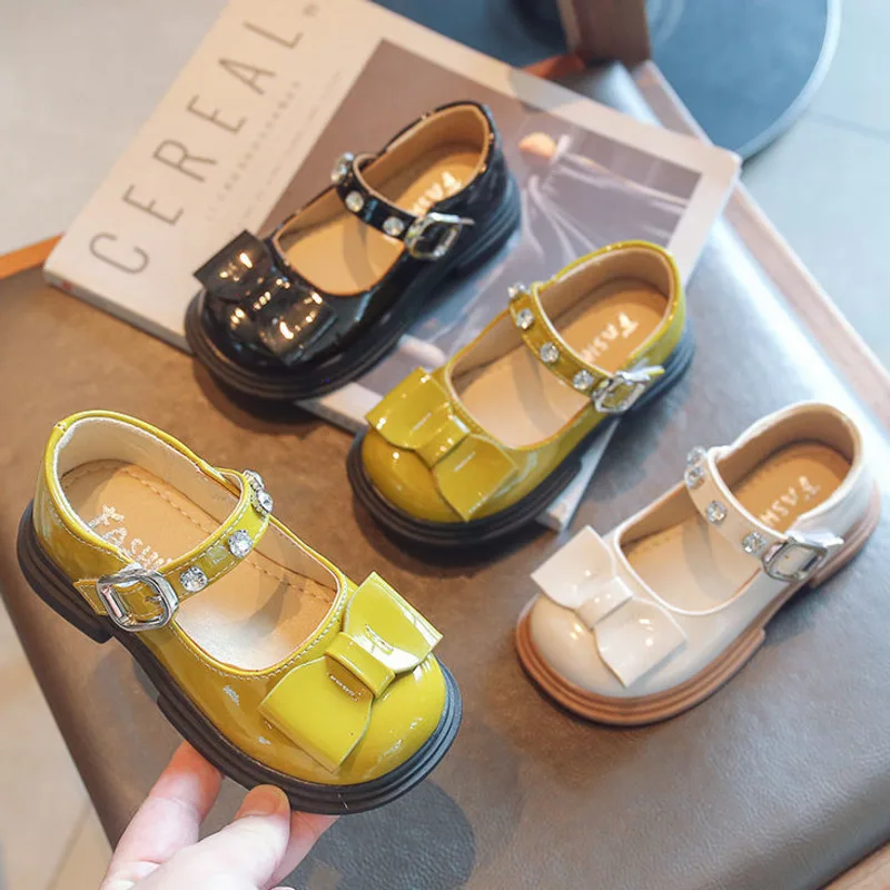 

Bow Solid Girls Princess Shoes 2022 Rhinestone Party PU Children Flats Shoes Shallow Hook Loop Non Slip Kids Single Shoes
