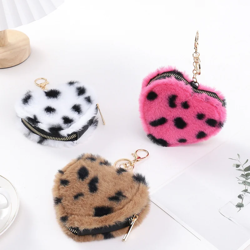 

Small Designer Plush Coin Bags Purse Leopard Print Heart Pouch with Keyring Coin Bag Money Wallet Key Earphone Organizer Pouch