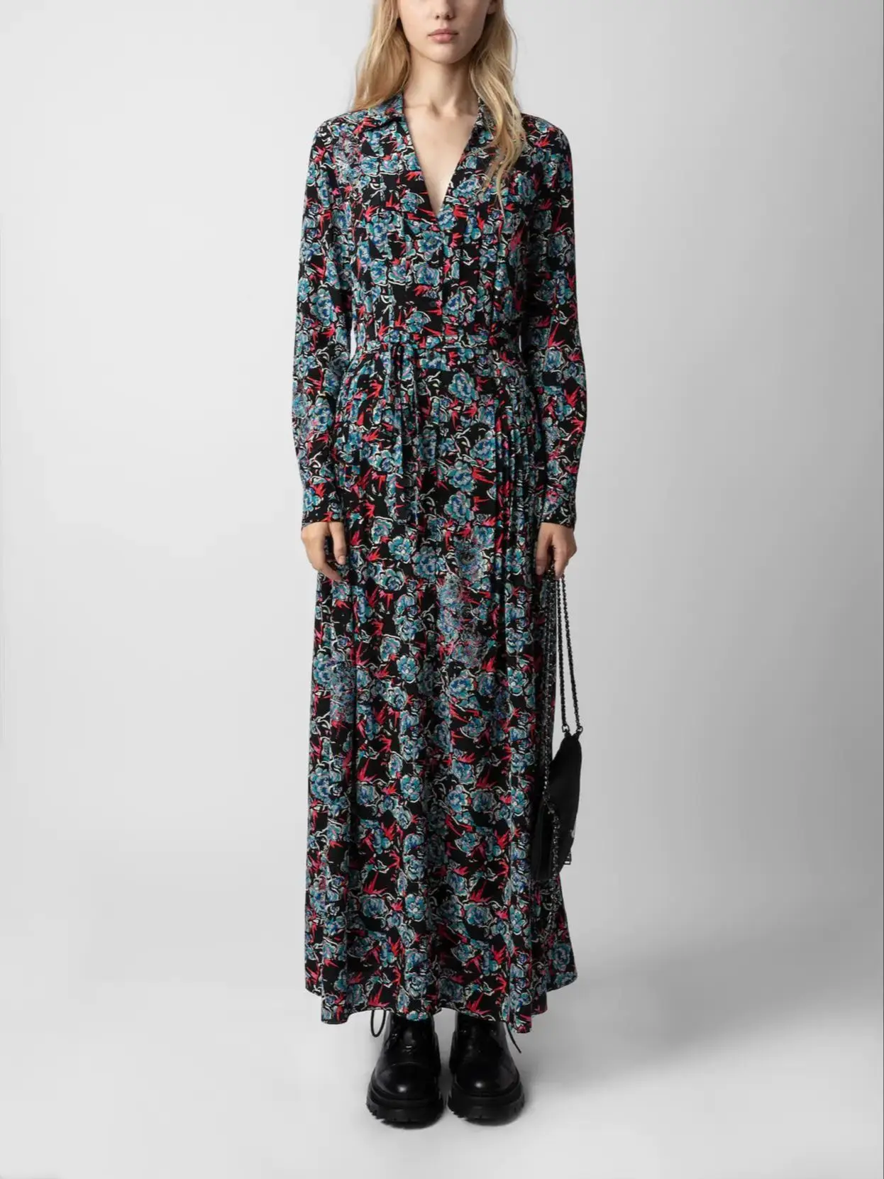 

Women's Floral Printed Hot Rhinestone V-Neck Long Sleeve Elegant Maxi Dress