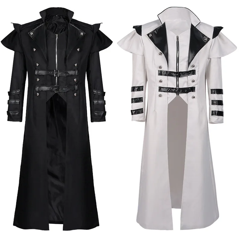 

Vintage Halloween Medieval Steampunk Spirit Pirate Clothing Men's Adult Black Jacket Long Cut Armor Gothic Leather Jacket