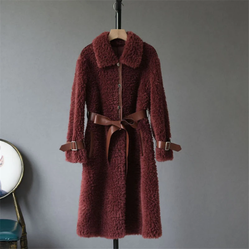 Winter Jacket Women 100% Natural Wool Lamb Fur Coat Long Thick Warm Overcoat Real Sheepskin Leather Belt Casual Streetwear