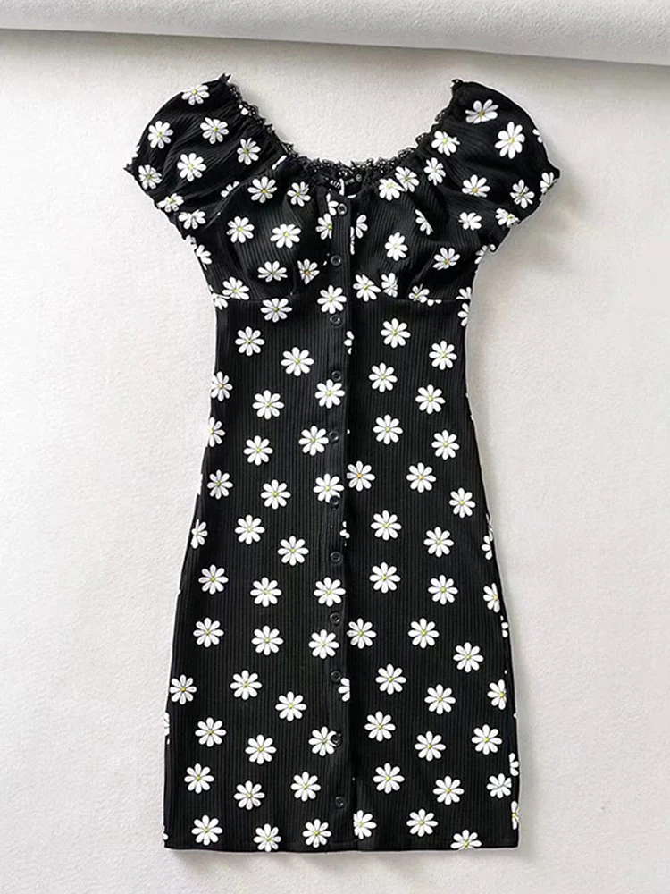 

Women Elegant Daisy Print Black Dress Summer Short Sleeve Knitted Elastic Slim Single Breasted Mini Dresses 2022 vestidos