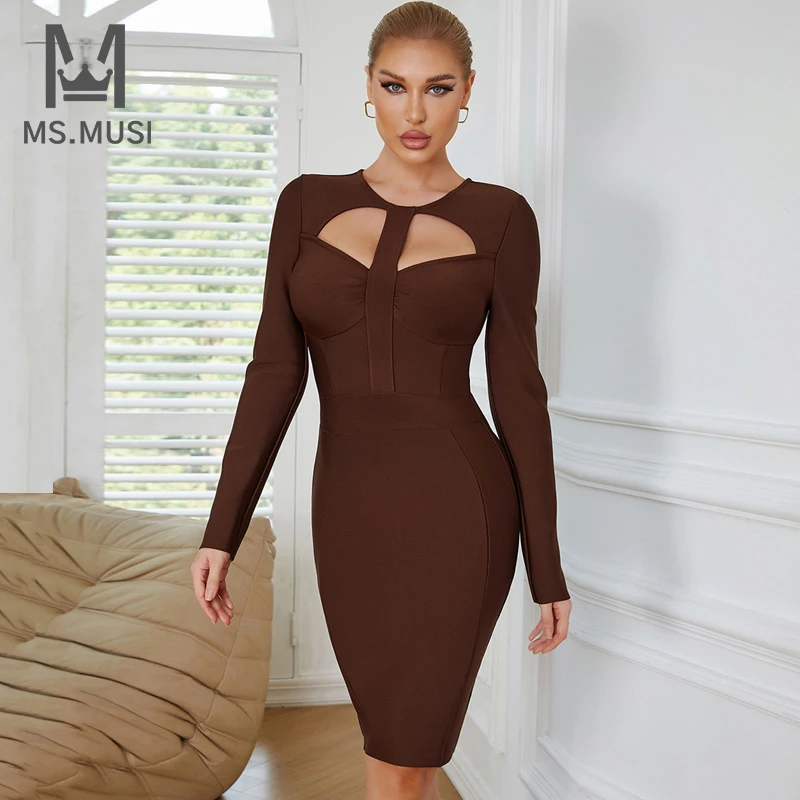 

Новинка 2022, модное женское пикантное коричневое облегающее платье-миди MSMUSI с круглым вырезом, длинным рукавом и вырезами