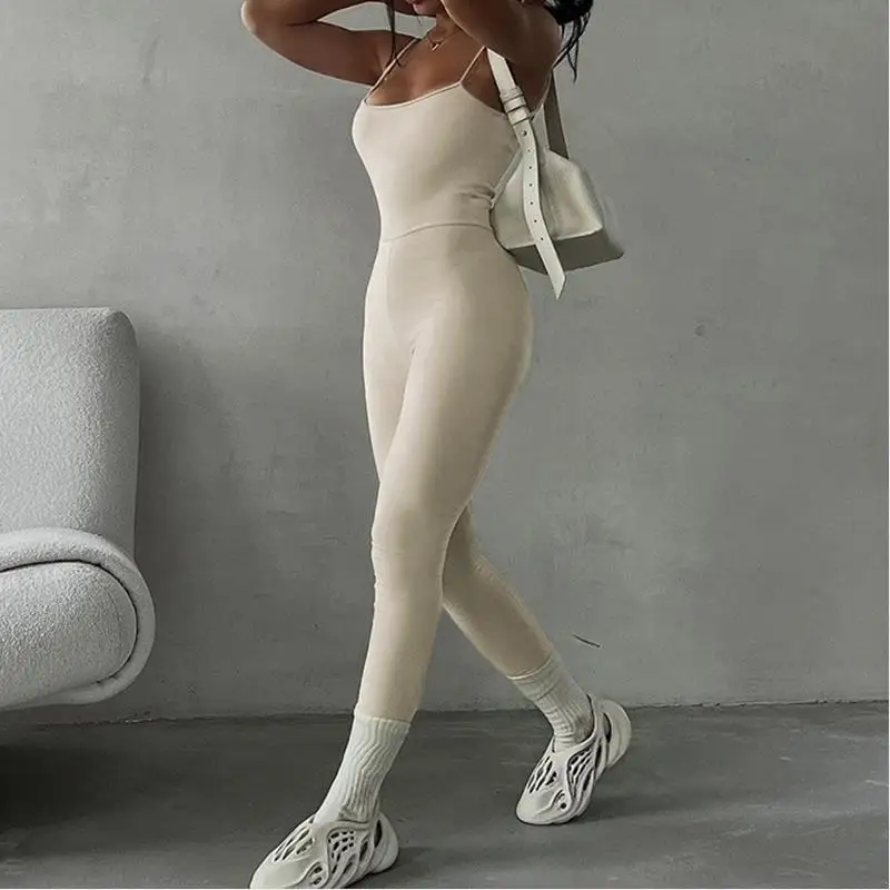 

Женский Повседневный Комбинезон для занятий йогой, Женский однотонный облегающий длинный комбинезон на тонких бретельках, Клубная одежда для повседневного спорта