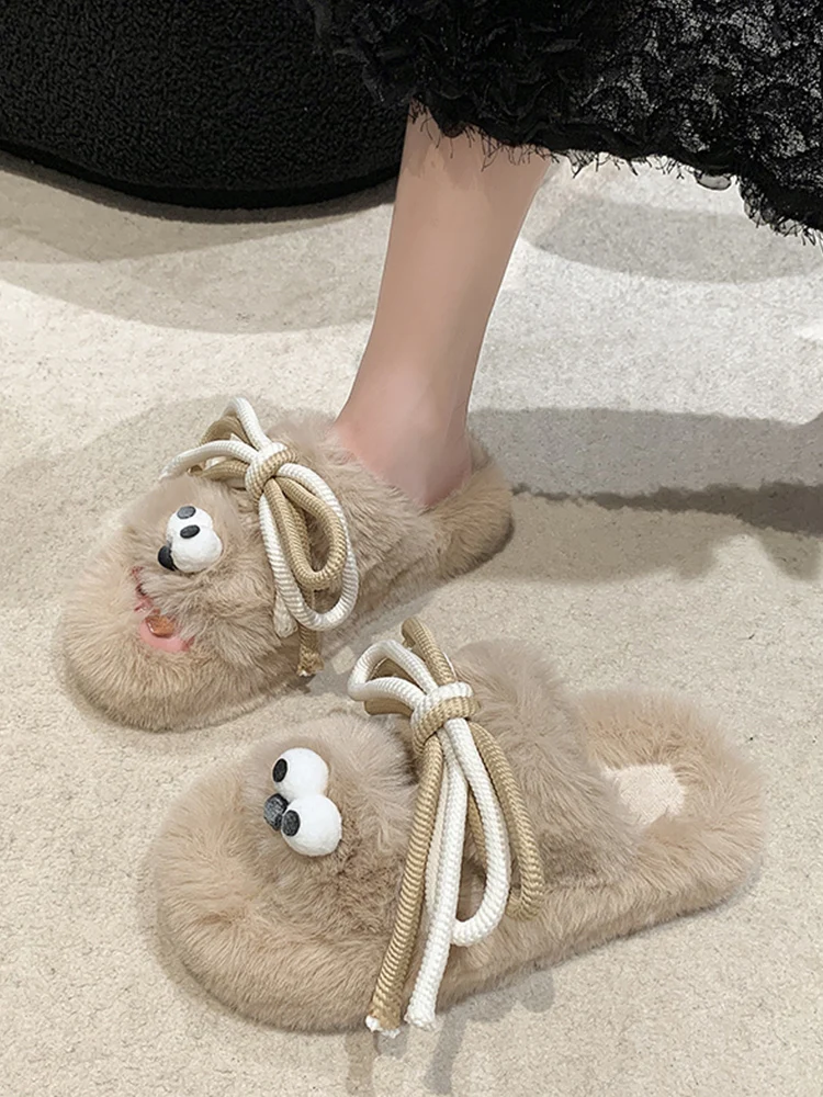 

Fur Shoes Home Slippers Women's Slides Pantofle Fashion Flock Med Platform Plush Massage 2023 Luxury Flat Rubber with fur Short
