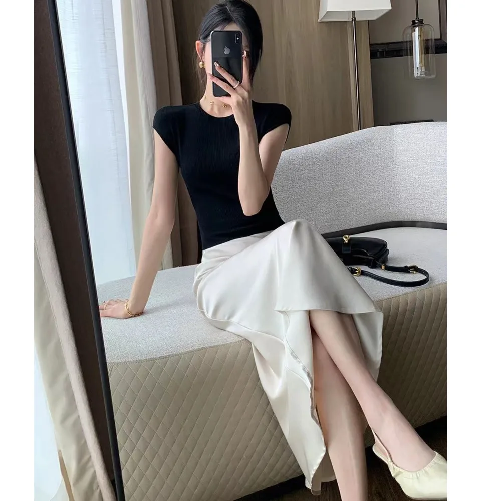 Женская модная французская ацетатная атласная юбка до середины бедра с оборкой