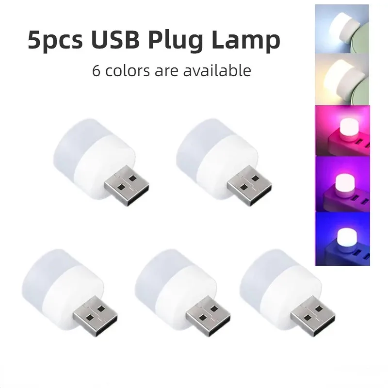 

5pcs Mini USB Plug Lamp 5V Super Bright Eye Protection Book Light Computer Mobile Power Charging Small Round LED Night Light