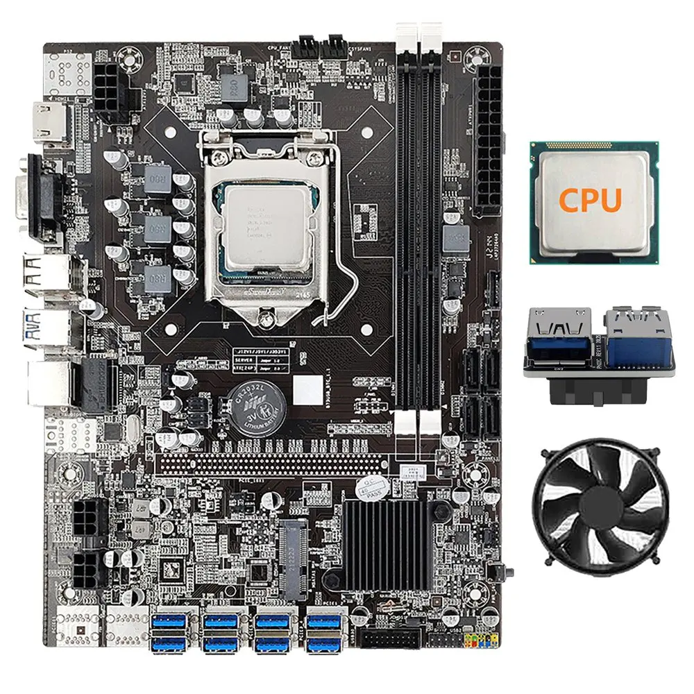 B75 8 Card Mining Motherboard+CPU+Cooling Fan+USB3.0 19-Pin Adapter 8 USB3.0 (PCIE) GPU Slot LGA1155 DDR3 SATA3.0 BTC