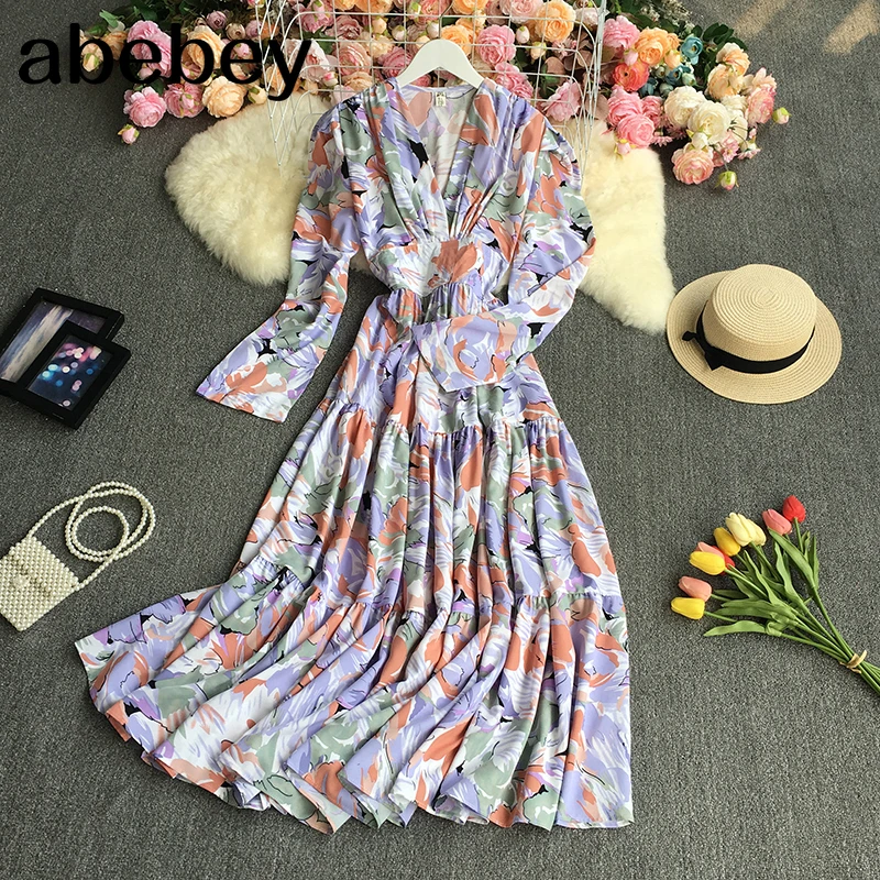 

Женское плиссированное платье-трапеция, Длинное свободное платье с V-образным вырезом, длинными рукавами, оборками, высокой талией и цветоч...